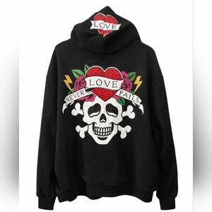 Ruby & Lace “Love Never Fails” Skull Hoodie – Gothic Streetwear Zip-Up | NWT